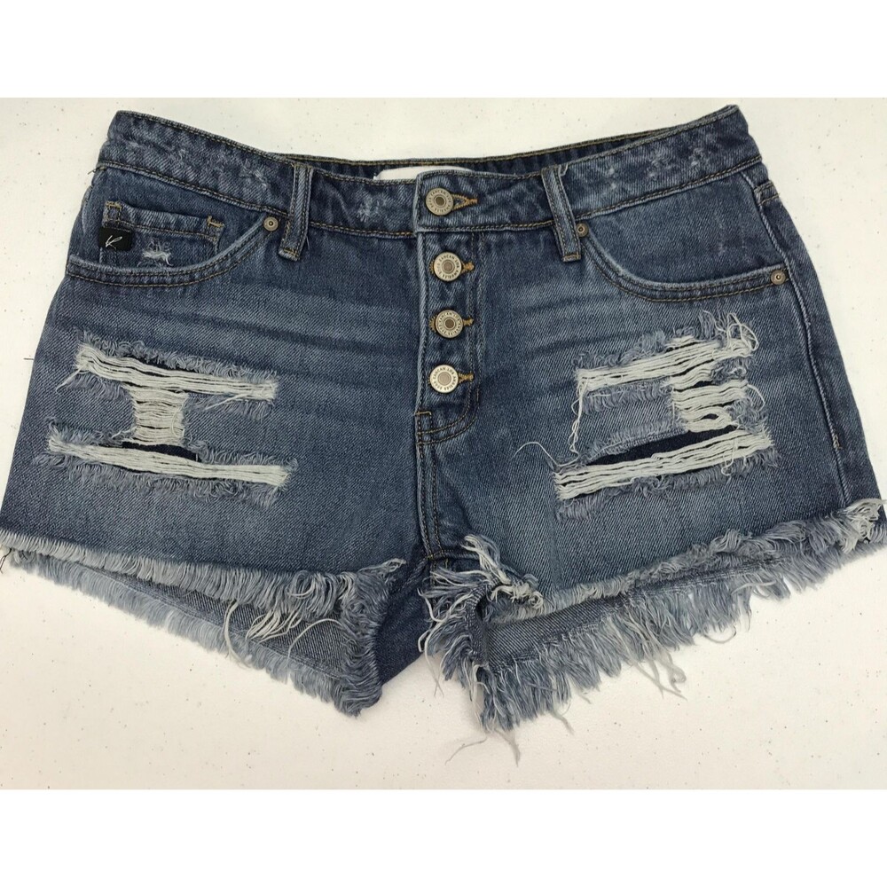 KanCan Shorts Womens Juniors 5/26 Blue Denim Distressed Button Fly Raw Hem